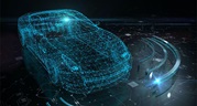 Blue wireframe of a car with signals extending outward